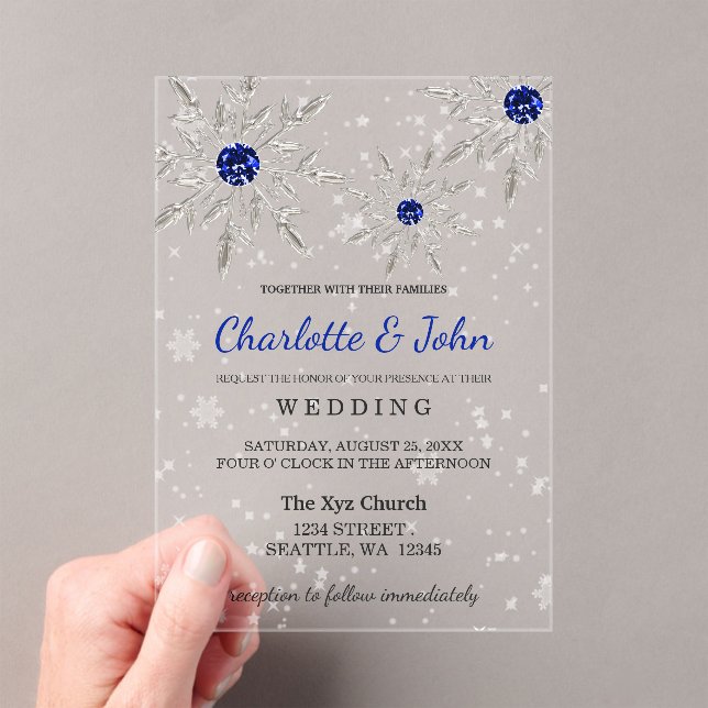 Silver Royal Blue snowflakes Winter Wedding Acrylic Invitations (Insitu (Handheld))
