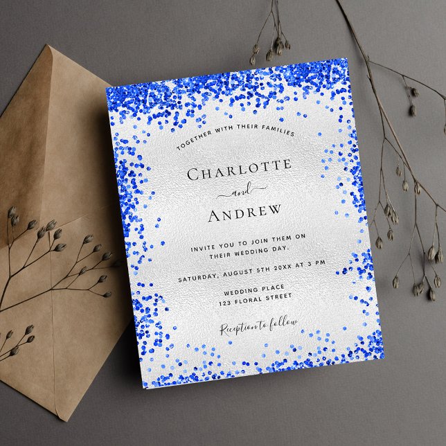 Silver royal blue wedding budget invitation (Creator Uploaded)