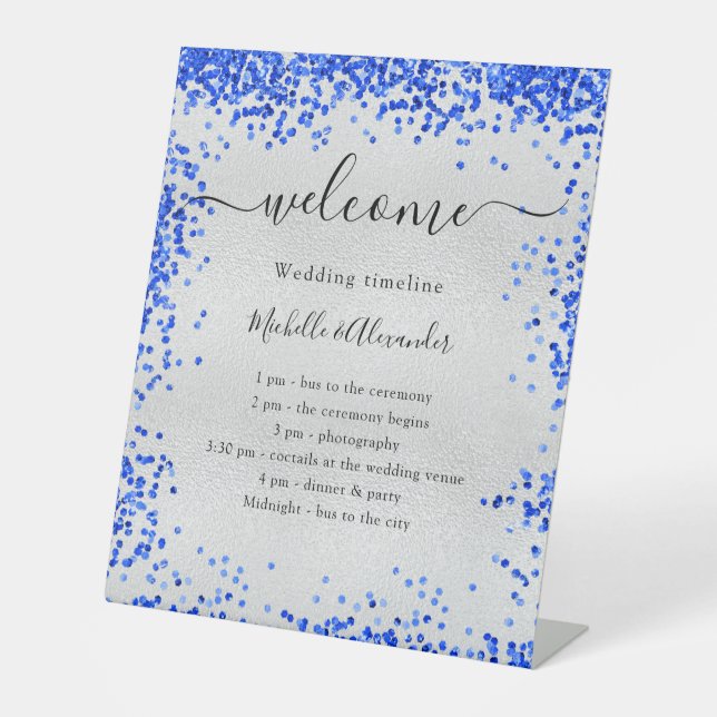 Silver royal blue wedding program timeline pedestal sign (Front)