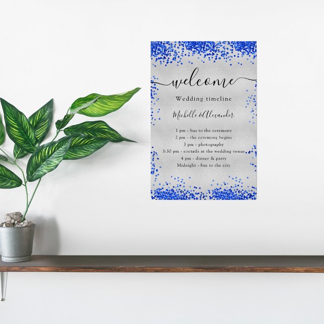 Silver royal blue wedding program timeline poster (Creator Uploaded)