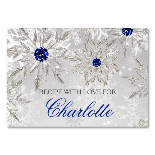 Silver Royal Blue winter bridal shower recipe card (Front)