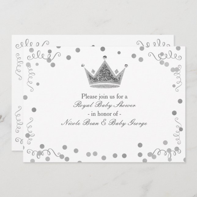 Silver Royal Crown & Confetti Party Invitations (Front/Back)