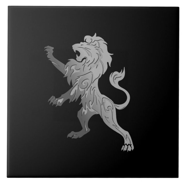 Silver Royal Lion on Black Ceramic Tile (Front)