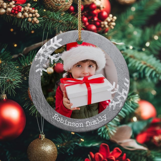 Silver Rustic Circle Photo Snowflakes Ceramic Ornament (Rustic snowflake family holiday keepsake photo ornament perfect for gifts to bring joy to others.)