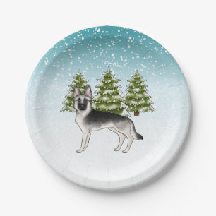 Silver Sable German Shepherd Blue Winter Forest Paper Plate