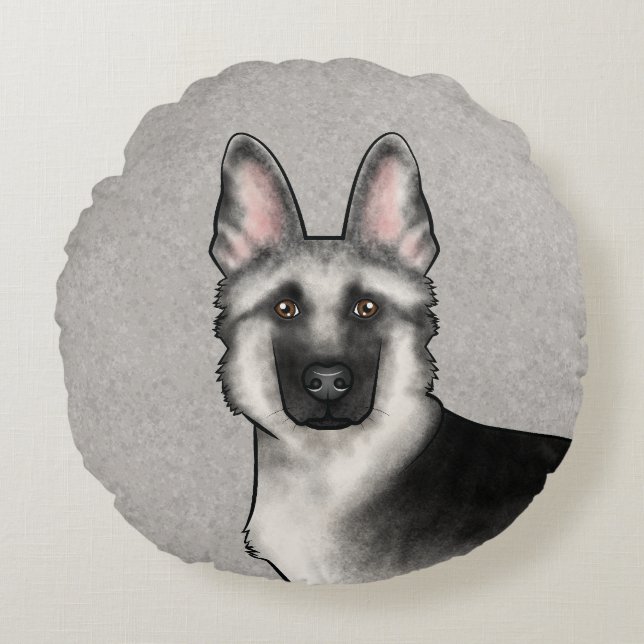 Silver Sable German Shepherd Cartoon Dog Head Round Cushion (Front)