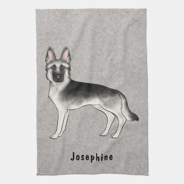 Silver Sable German Shepherd Dog And Custom Name Tea Towel (Vertical)