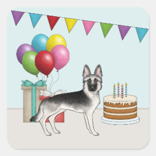 Silver Sable German Shepherd Dog Colourful Birthda Square Sticker