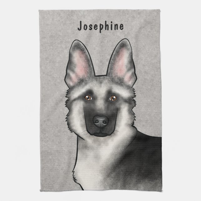 Silver Sable German Shepherd Dog Head And Name Tea Towel (Vertical)