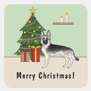 Silver Sable German Shepherd Festive Christmas Square Sticker