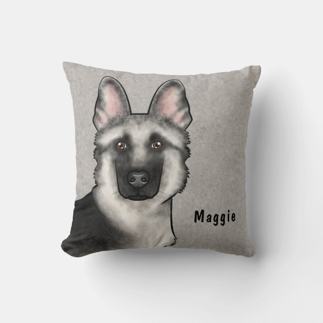 Silver Sable German Shepherd Head And Custom Name Cushion (Front)