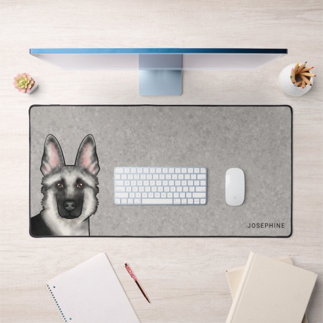 Silver Sable German Shepherd Head And Custom Name Desk Mat (Office 1)