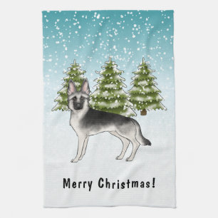 Silver Sable German Shepherd In Winter With Text Tea Towel