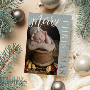 Silver Sage Arch Shaped Photo Merry Christmas Foil Holiday Card