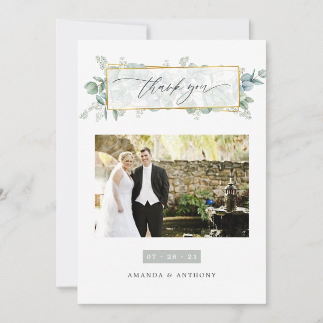Silver Sage Eucalyptus Geometric Wedding Photo Thank You Card (Front)
