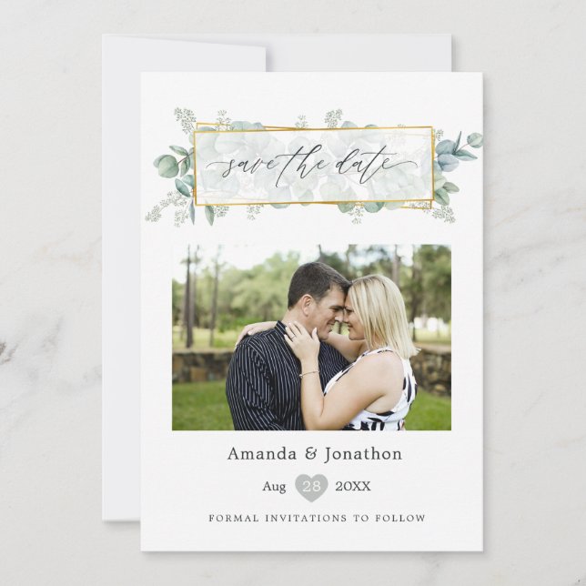 Silver Sage Eucalyptus Geometric Wedding Save The Date (Front)