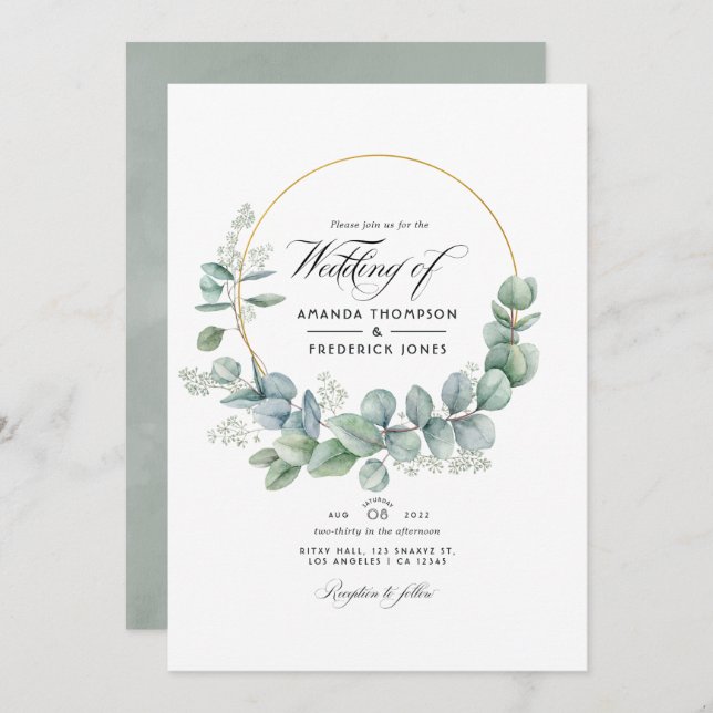 Silver Sage Geometric Eucalyptus Wedding Photo Invitation (Front/Back)