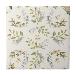 Silver, Sage, Gold, Cream Floral Seamless Clear Ceramic Tile