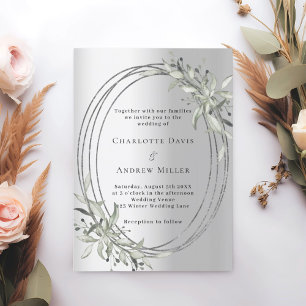 Silver sage green greenery wedding invitation