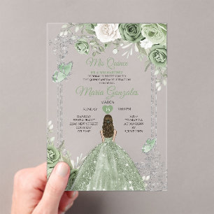 Silver Sage Green Mis Quince 15 Anos Butterfly Acrylic Invitations