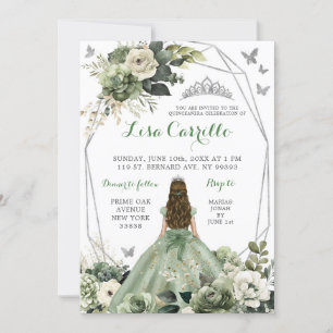 Silver Sage Green Princess Butterfly Quinceañera Invitation