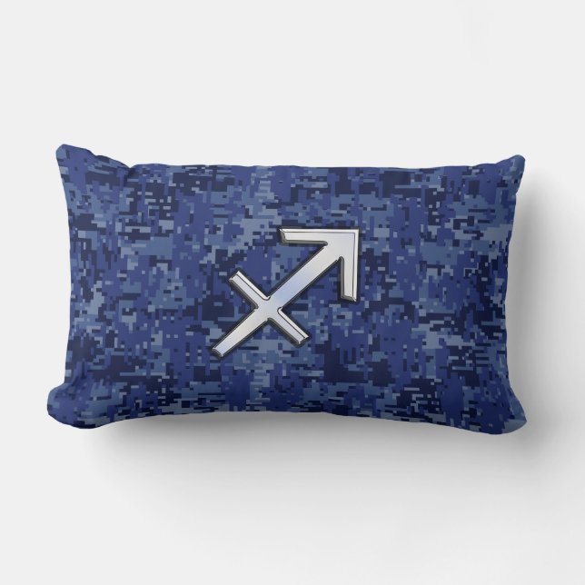 Silver Sagittarius Zodiac Sign Navy Digital Camo Lumbar Cushion (Front)