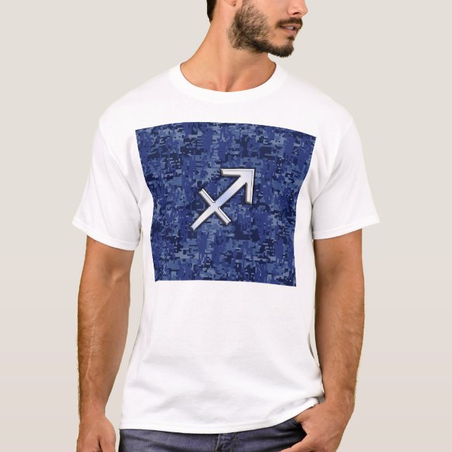 Silver Sagittarius Zodiac Sign Navy Digital Camo T-Shirt (Front)