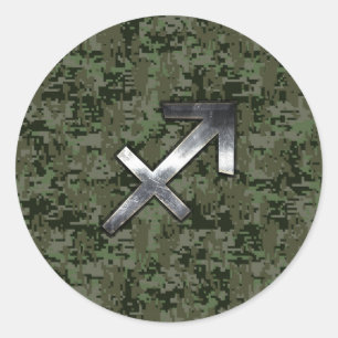Silver Sagittarius Zodiac Woodland Digital Camo Classic Round Sticker