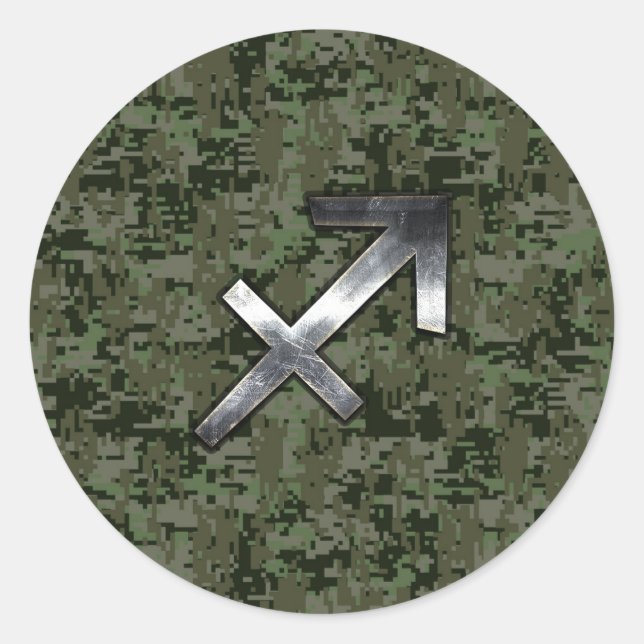 Silver Sagittarius Zodiac Woodland Digital Camo Classic Round Sticker (Front)