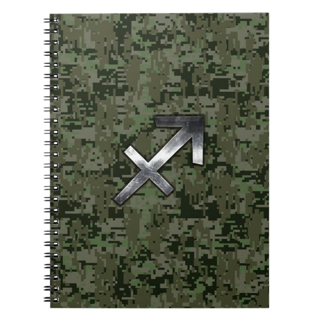 Silver Sagittarius Zodiac Woodland Digital Camo Notebook (Front)
