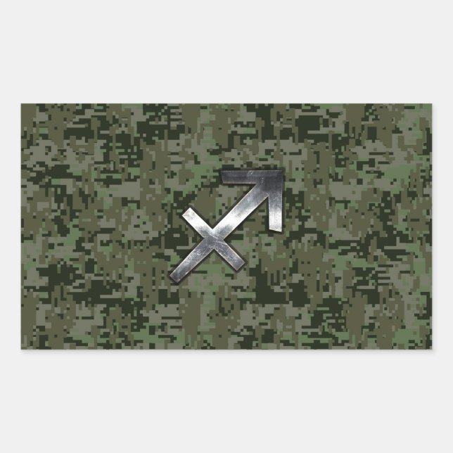 Silver Sagittarius Zodiac Woodland Digital Camo Rectangular Sticker (Front)