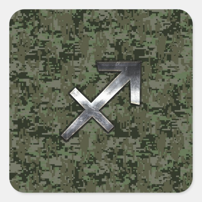 Silver Sagittarius Zodiac Woodland Digital Camo Square Sticker (Front)