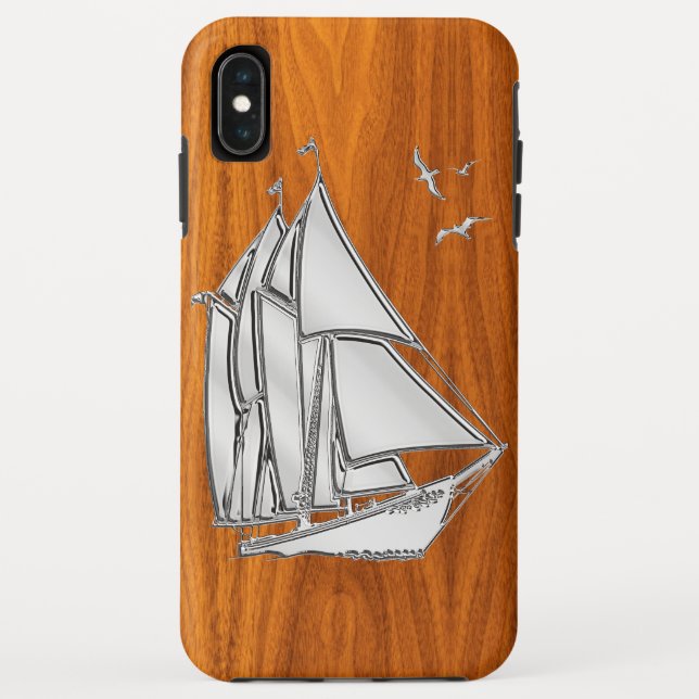Silver Sail Boat on Teak Veneer Decor Case-Mate iPhone Case (Back)