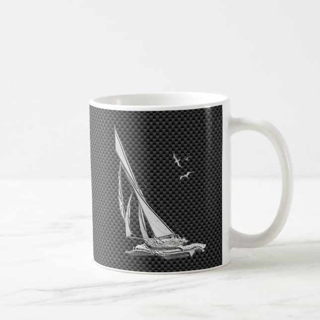 Silver Sailboat on Carbon Fibre Decor Coffee Mug (Right)