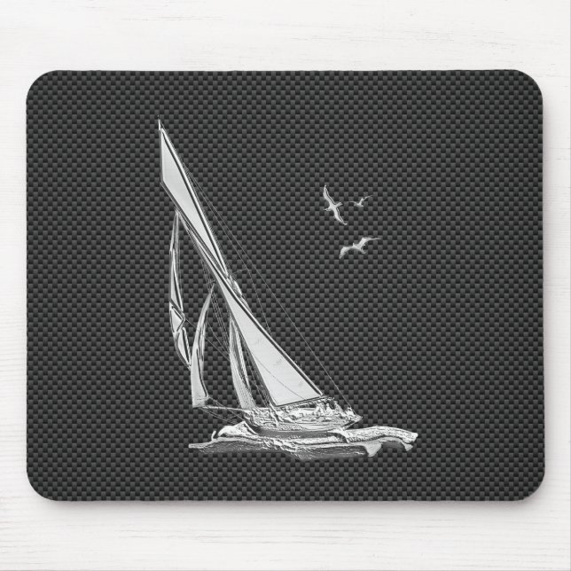 Silver Sailboat on Carbon Fibre Decor Mouse Pad (Front)