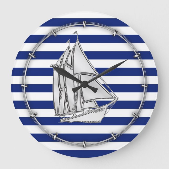 Silver Sailboat on Nautical Blue Stripes Large Clock (Front)