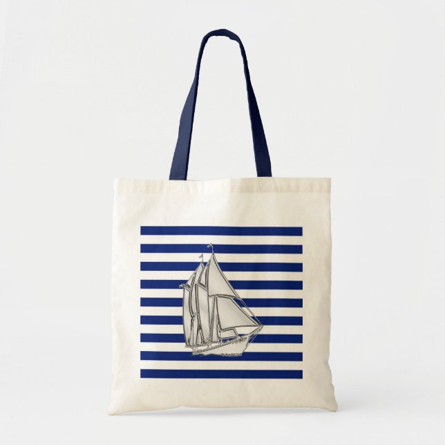 Silver Sailboat on Nautical Blue Stripes Tote Bag (Front)