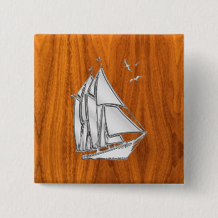 Silver Sailboat on Teak Veneer Styles 15 Cm Square Badge