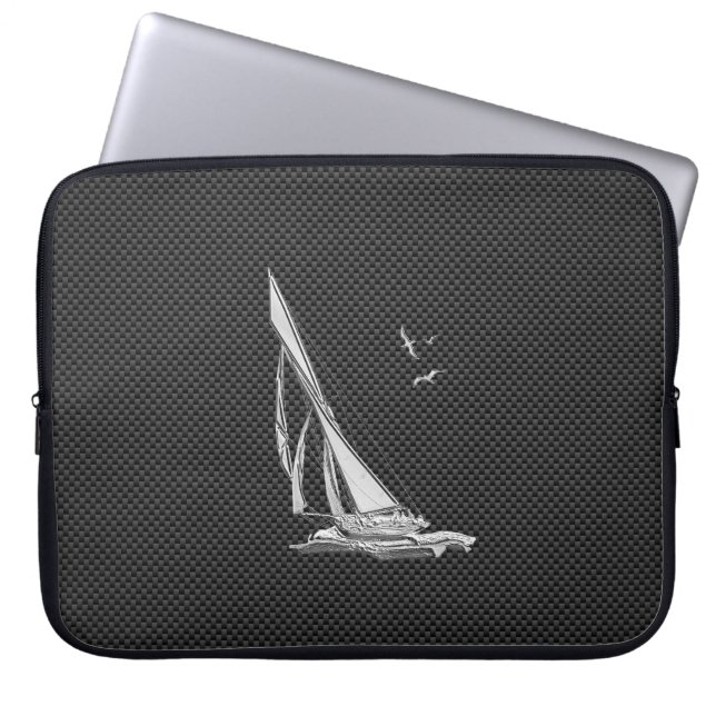 Silver Sailboat Regatta on Carbon Fiber Laptop Sleeve (Front)
