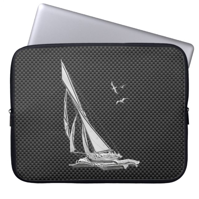 Silver Sailboat Regatta on Carbon Fibre Laptop Sleeve (Front)