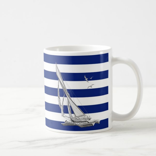 Silver Sailing on Nautical Stripes Coffee Mug (Right)