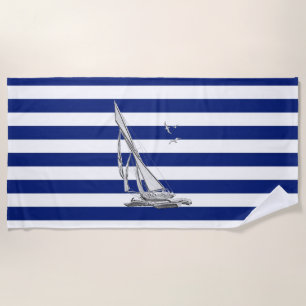 Silver Sailing on Nautical Stripes Decor Beach Towel