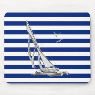Silver Sailing on Nautical Stripes Mouse Pad