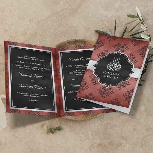 Silver Salmon Orange Black Damask Muslim Wedding Invitation (Creator Uploaded)