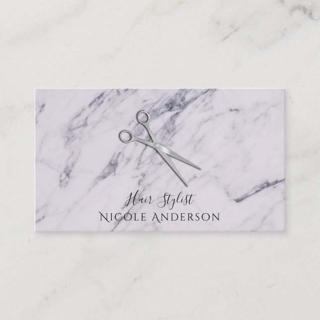 Silver Salon Hair Stylist Scissors Grey Marble Business Card (Front)