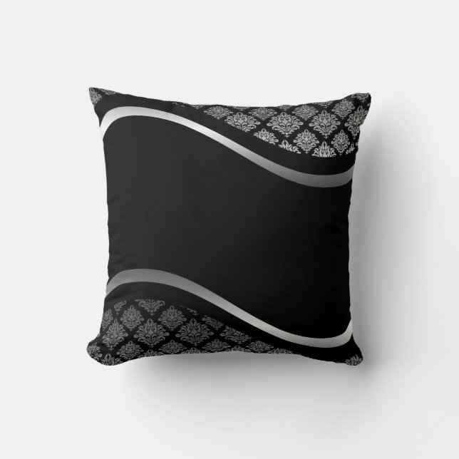 Silver Satin Damask black swirl Cushion (Front)
