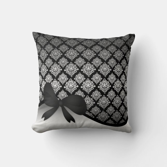 Silver Satin Damask black swirl Ribbon bow Cushion (Front)
