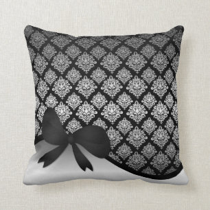 Silver Satin Damask black swirl Ribbon bow Cushion