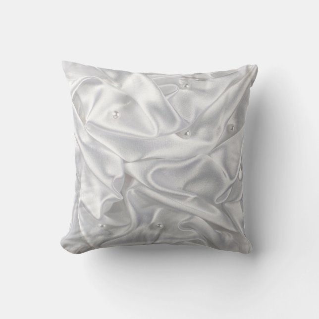 Silver Satin Fabric White Pearls Plush Cushion (Front)