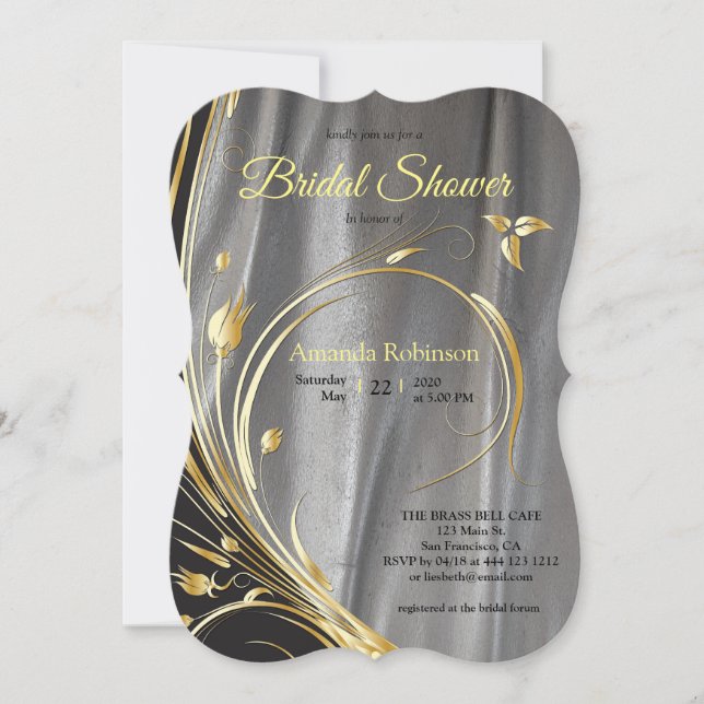Silver satin  & Gold flower Bridal Shower Invitation (Front)